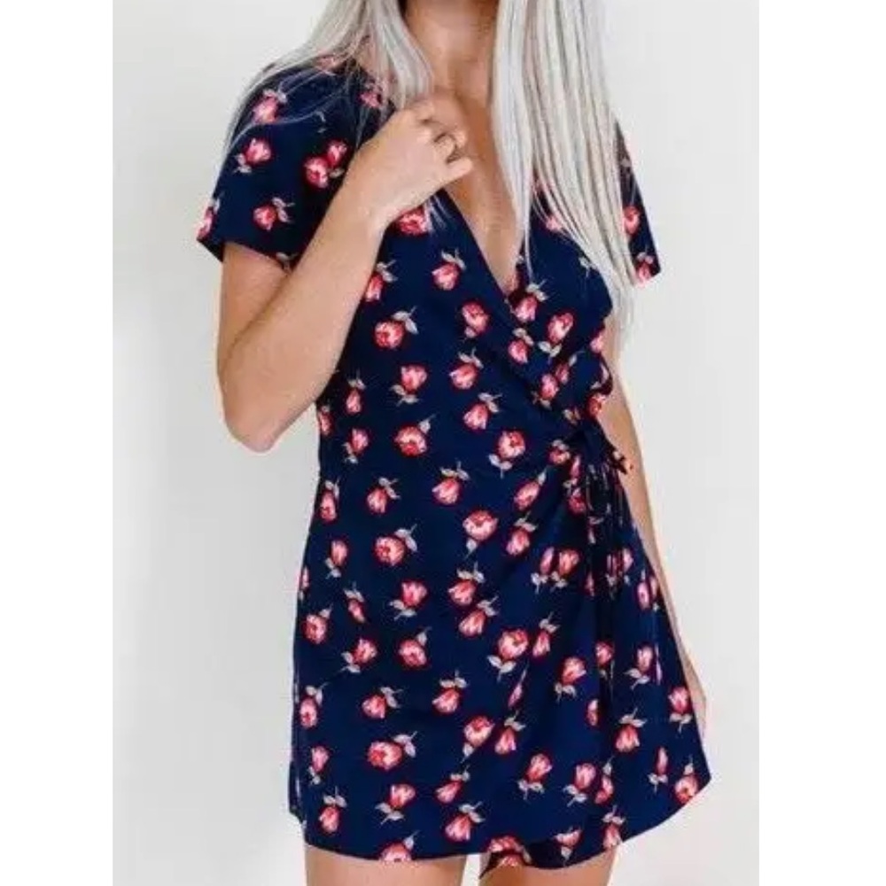 Kittenish Navy Floral Wrap Dress